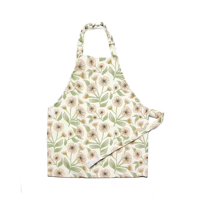 Kid Easy-Fasten Water-Resistant Apron
-Cream & Green, Floral Pattern.   I617-2