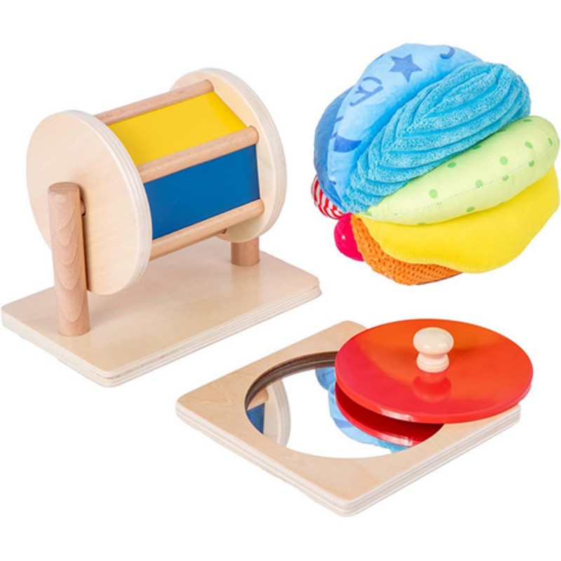 Mirror Peekaboo Knob Puzzle, Medium Spinning Drum and Rainbow Fabric Ball Kit Toys